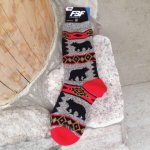 Bear pattern on gray socks with red on heel and foot.