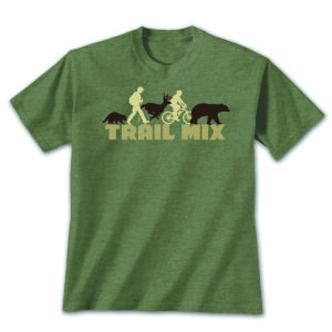 Trail mix of animals and people on a green adult shirt.