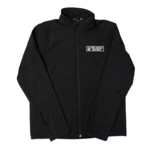 Black performance style full zip jacket with embroidered patch on left chest.