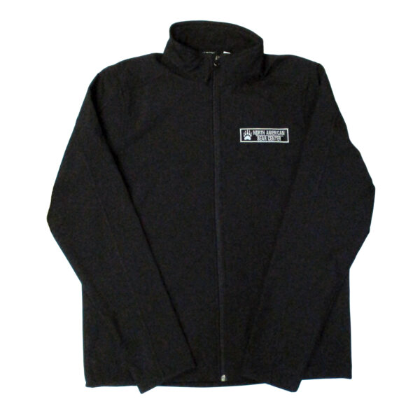 Black performance style full zip jacket with embroidered patch on left chest.