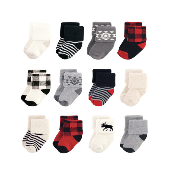 12 pack of baby socks in rustic patterns including red and black plaid and white and black plaid.
